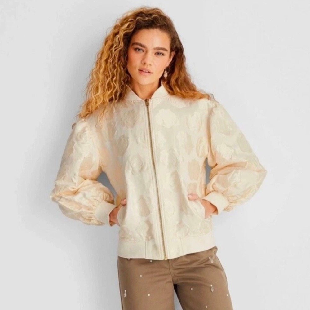 Future Collective Bomber Jacket Womens 4X Cream New Floral Jacquard Puff Sleeve